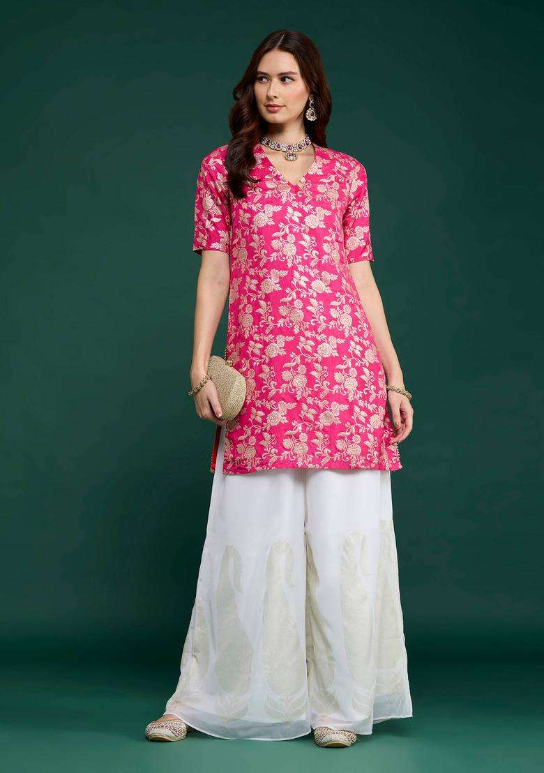 Off White Georgette Printed Sharara for Women Festive Wear - Indya