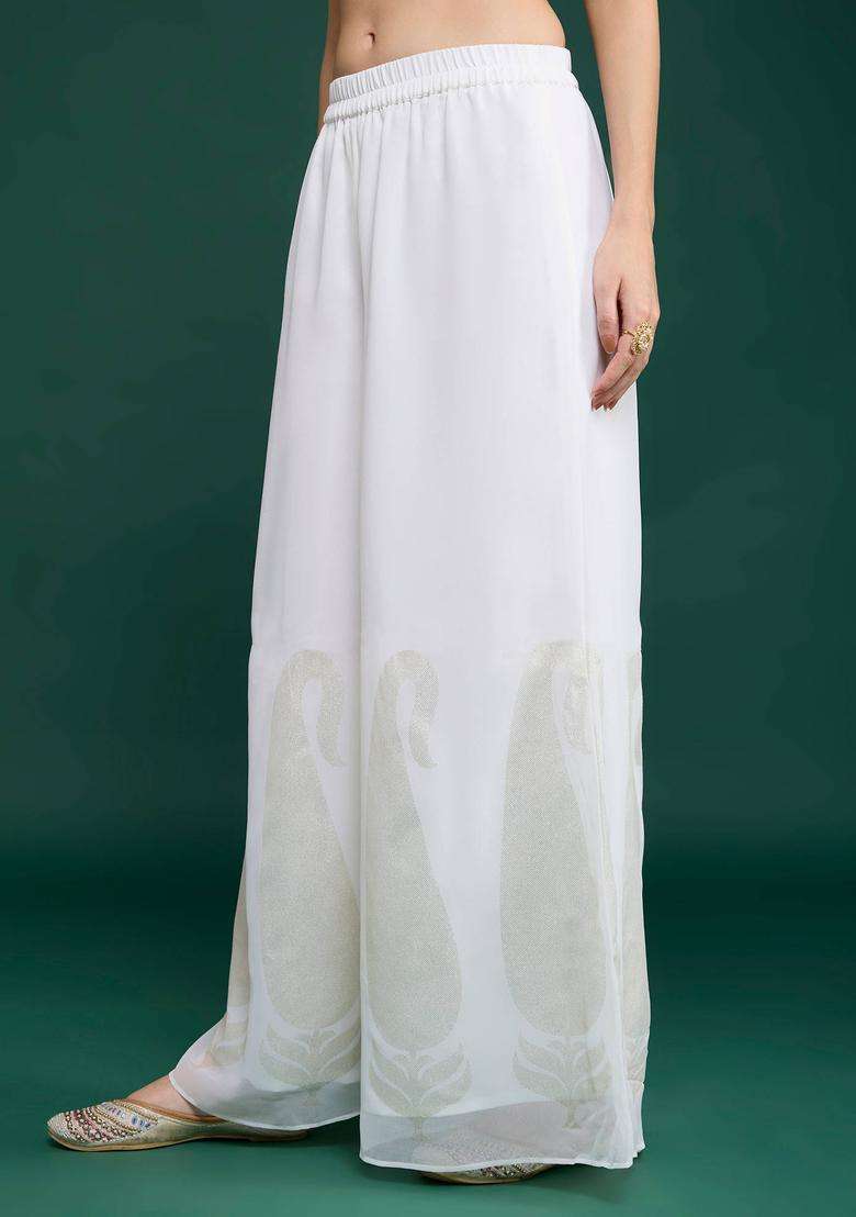 Off White Georgette Printed Sharara for Women Festive Wear - Indya