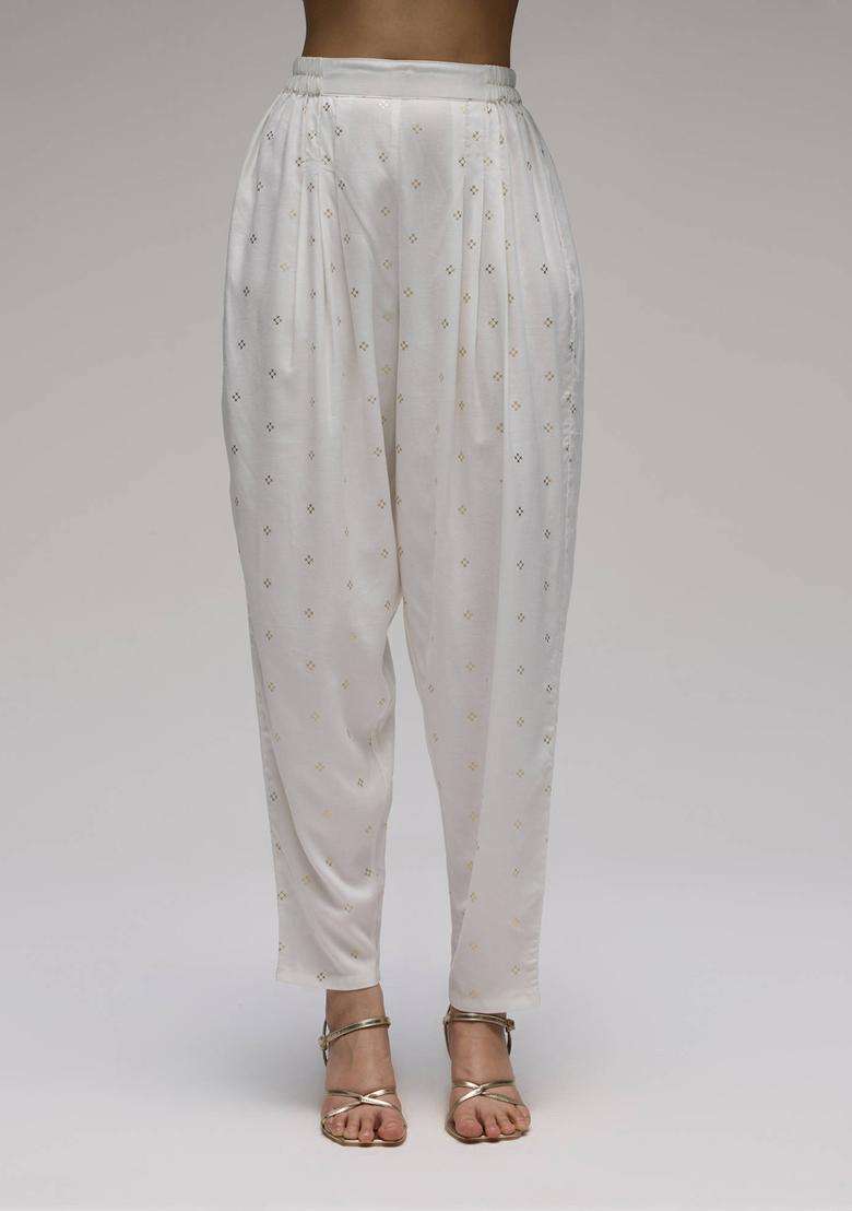 Off White Rayon Foil Print Salwar for Women Festive Wear - Indya