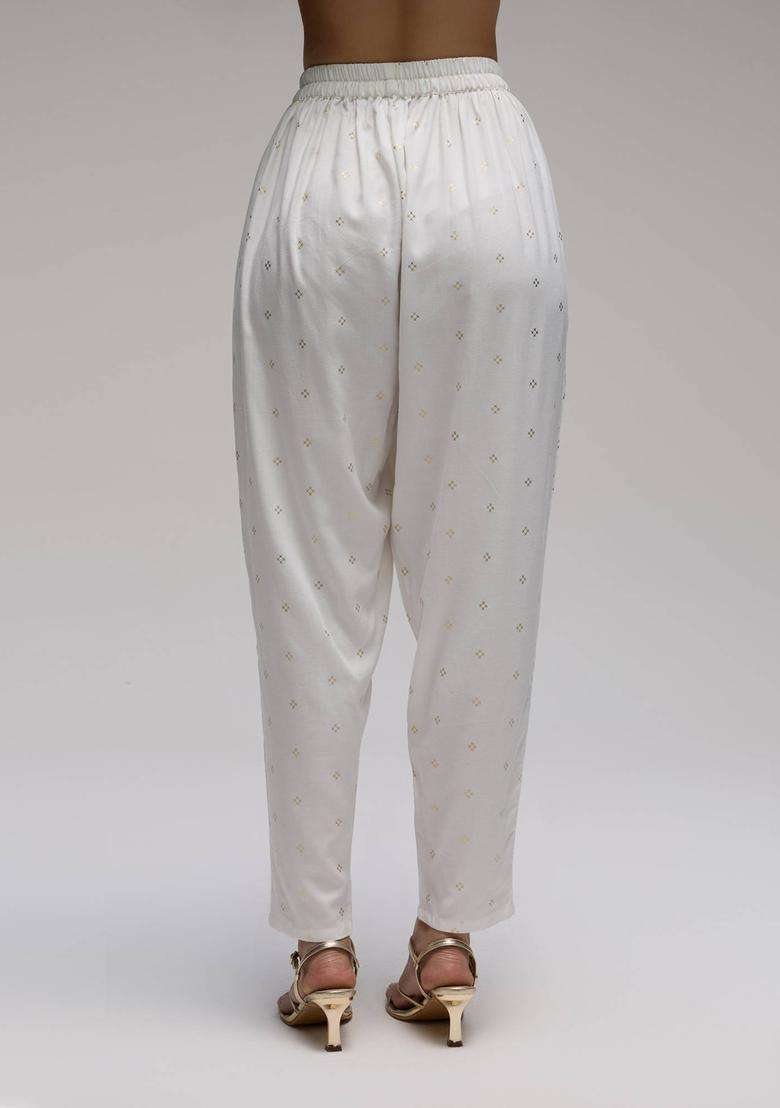 Off White Rayon Foil Print Salwar for Women Festive Wear - Indya