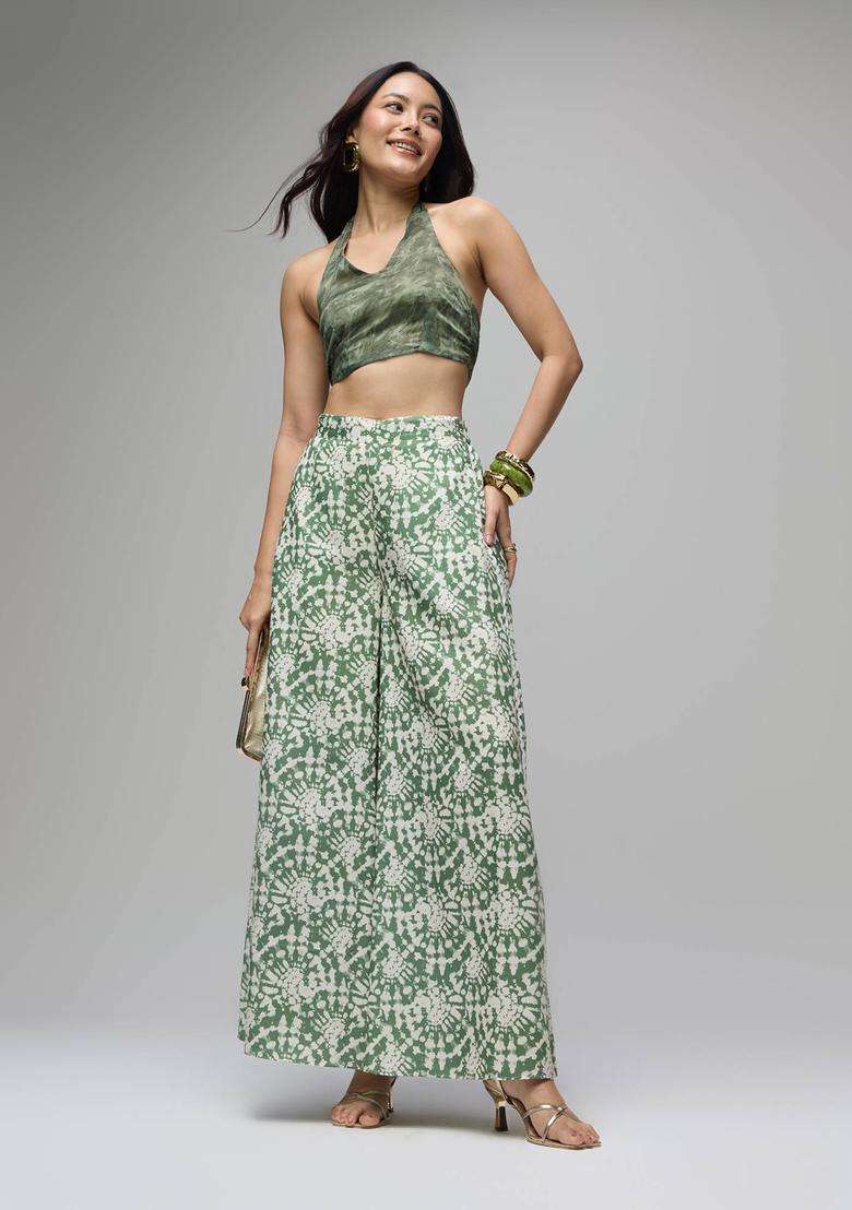 Olive Rayon Shibori Print Mid Waist Palazzo for Women Casual Wear - Indya