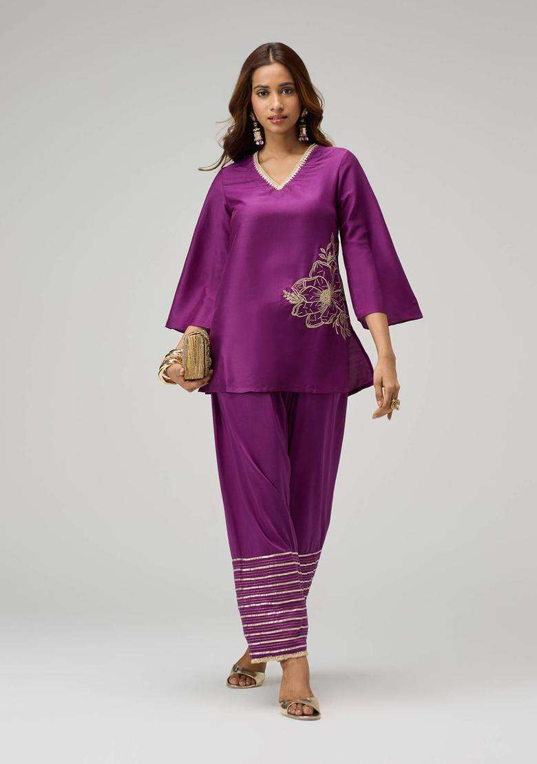 Purple Poly Silk Gota Embellished Farshi Salwar for Women Festive Wear - Indya
