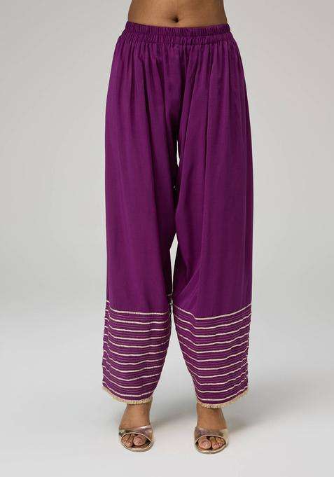 Purple Poly Silk Gota Embellished Farshi Salwar for Women Festive Wear