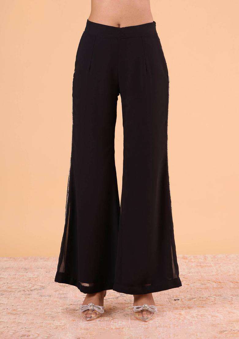 Black Georgette Rhinestone Detail Pant for Women Festive Wear - Indya