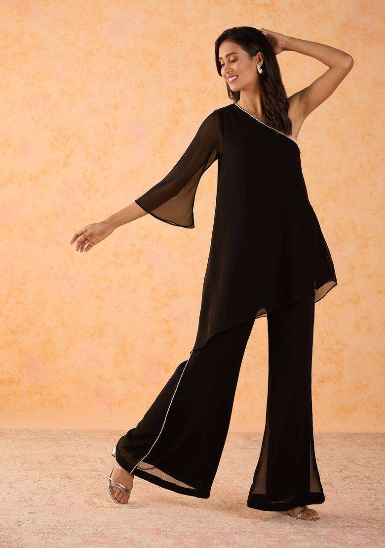 Black Georgette Rhinestone Detail Pant for Women Festive Wear - Indya