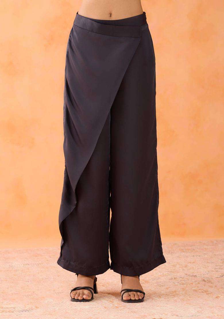 Black Satin Wrap Pants for Women Festive Wear - Indya