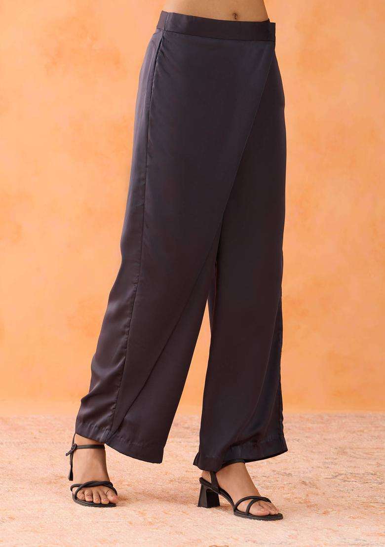 Black Satin Wrap Pants for Women Festive Wear - Indya