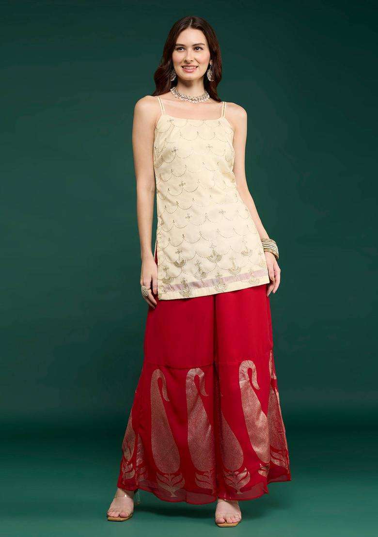 Red Georgette Printed Sharara for Women Festive Wear - Indya