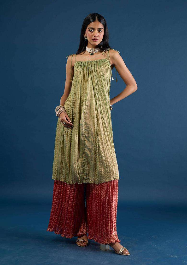 Rust Crush Tissue Palazzo for Women Festive Wear - Indya