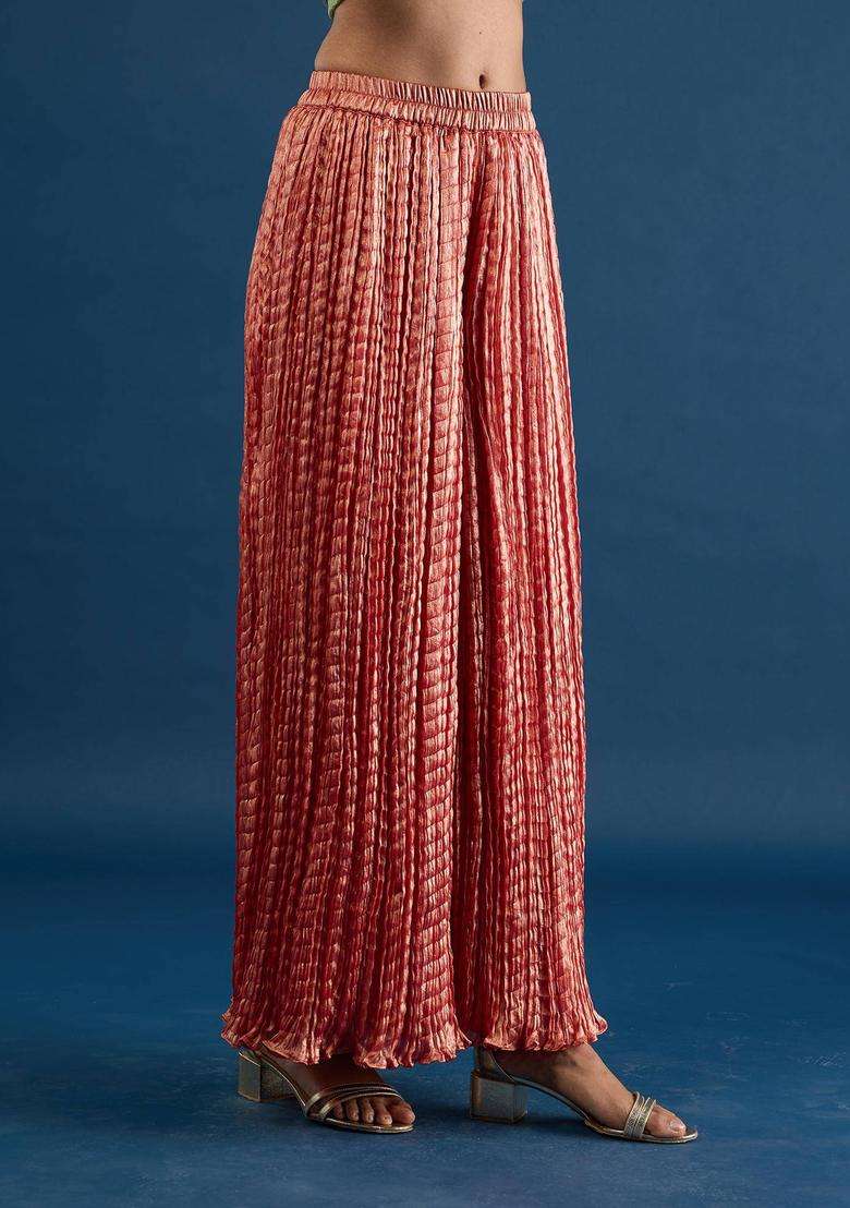 Rust Crush Tissue Palazzo for Women Festive Wear - Indya