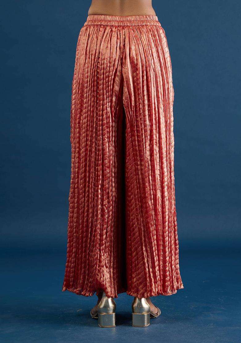 Rust Crush Tissue Palazzo for Women Festive Wear - Indya