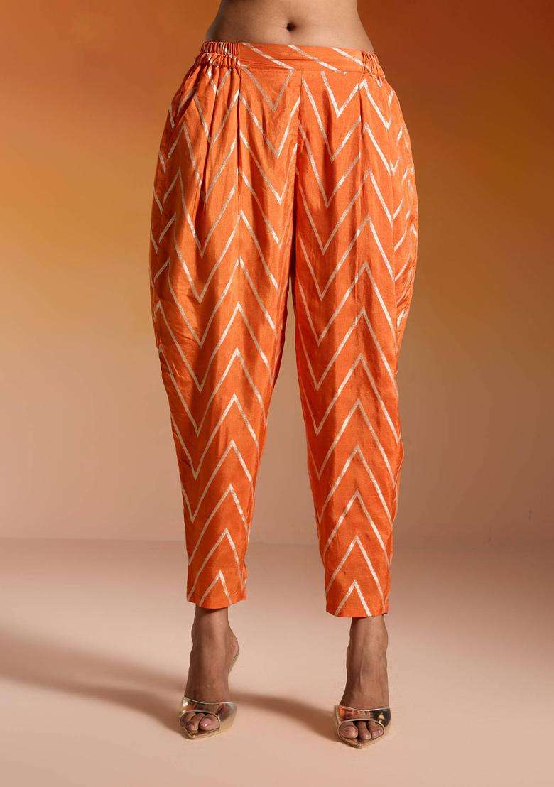 Rust Orange Brocade Chevron Semi Salwar for Women Festive Wear - Indya