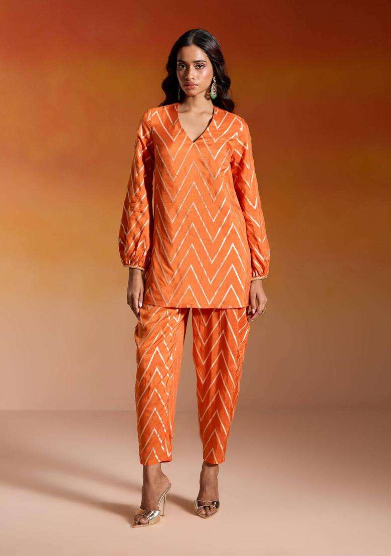 Rust Orange Brocade Chevron Semi Salwar for Women Festive Wear - Indya