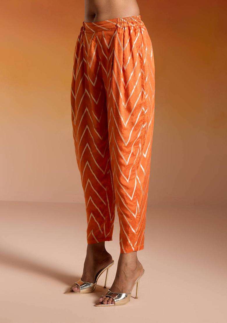 Rust Orange Brocade Chevron Semi Salwar for Women Festive Wear - Indya