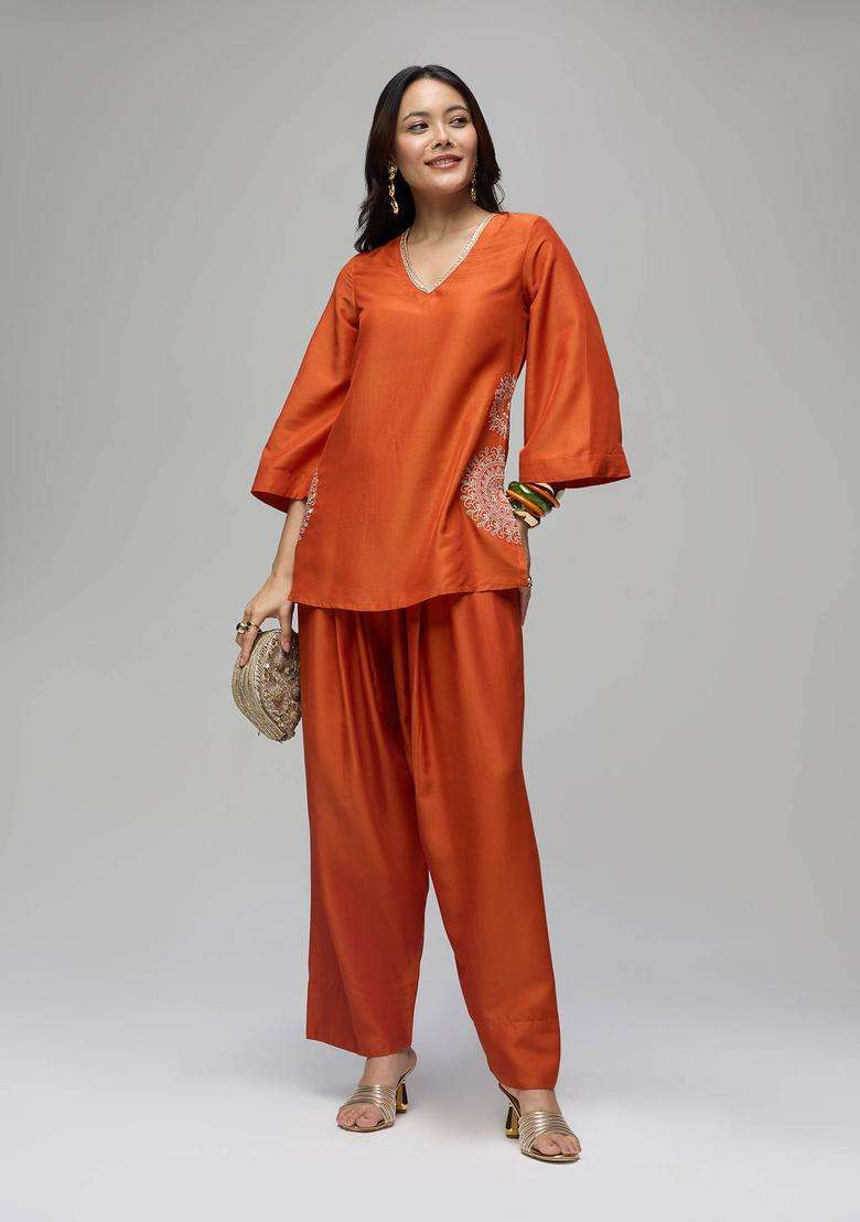 Rust Poly Silk Solid Mid Waist Farshi Salwar for Women Festive Wear - Indya