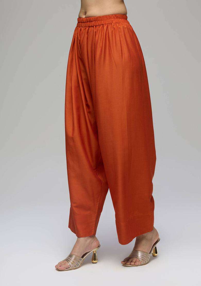 Rust Poly Silk Solid Mid Waist Farshi Salwar for Women Festive Wear - Indya