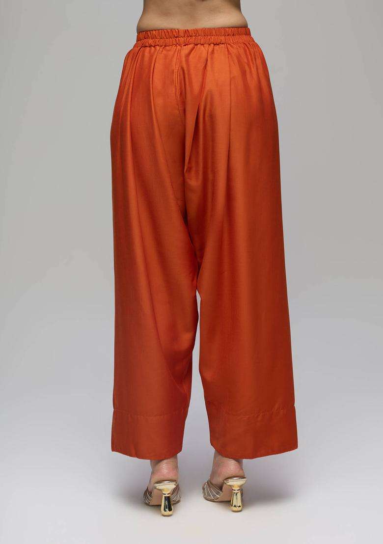 Rust Poly Silk Solid Mid Waist Farshi Salwar for Women Festive Wear - Indya