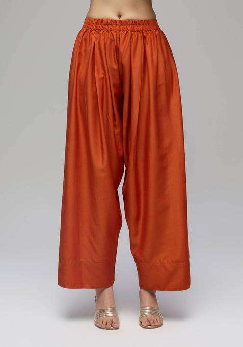 Rust Poly Silk Solid Mid Waist Farshi Salwar for Women Festive Wear