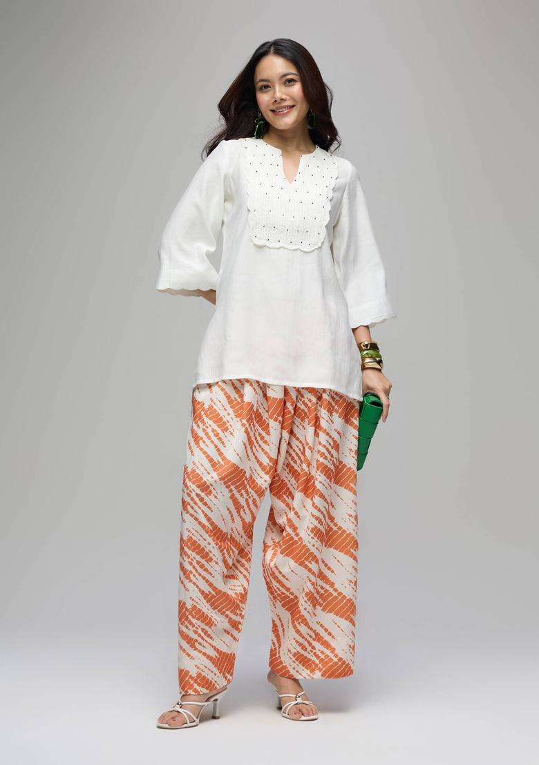 Rust Rayon Batik Print Mid Waist Farshi Salwar for Women Festive Wear - Indya