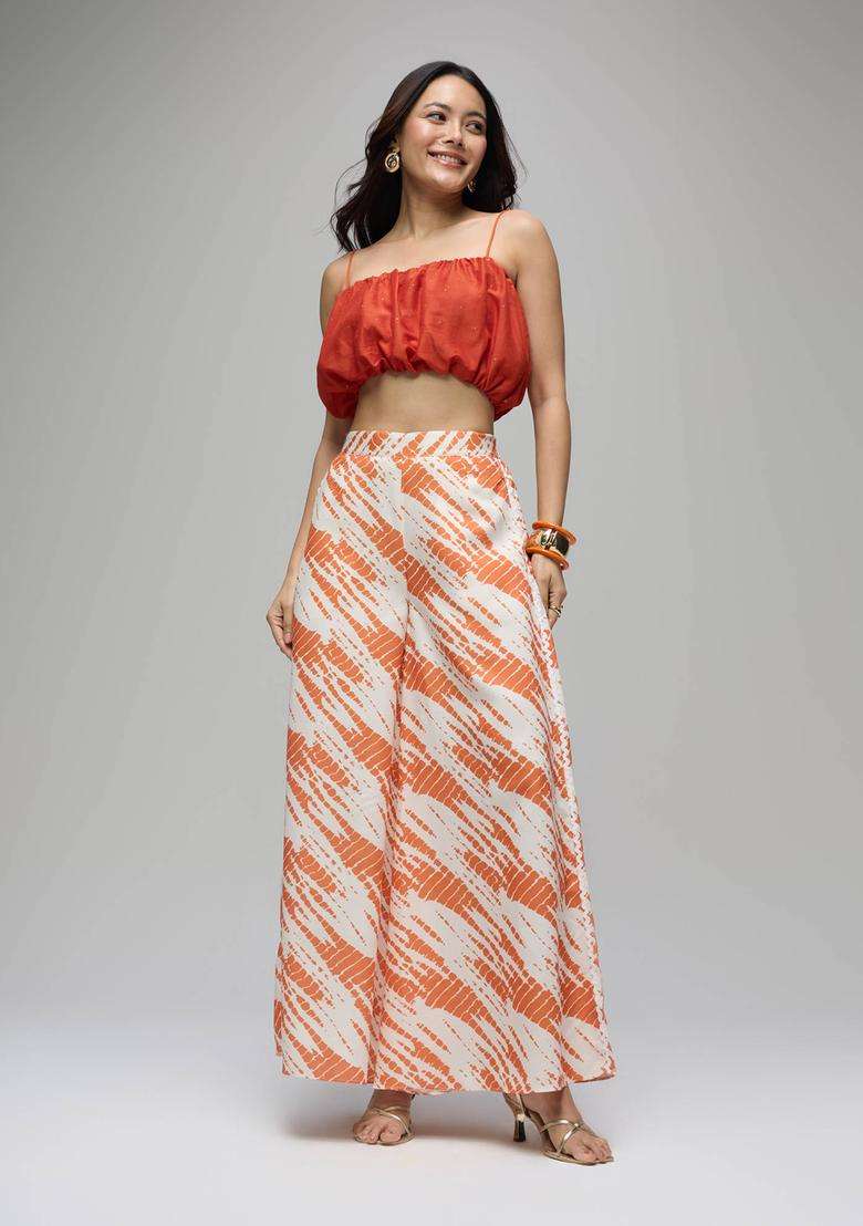 Rust Rayon Shibori Print Mid Waist Palazzo for Women Casual Wear - Indya