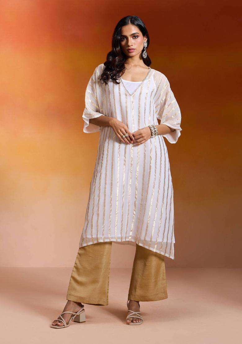 Beige Solid Straight Pant for Women Festive Wear - Indya