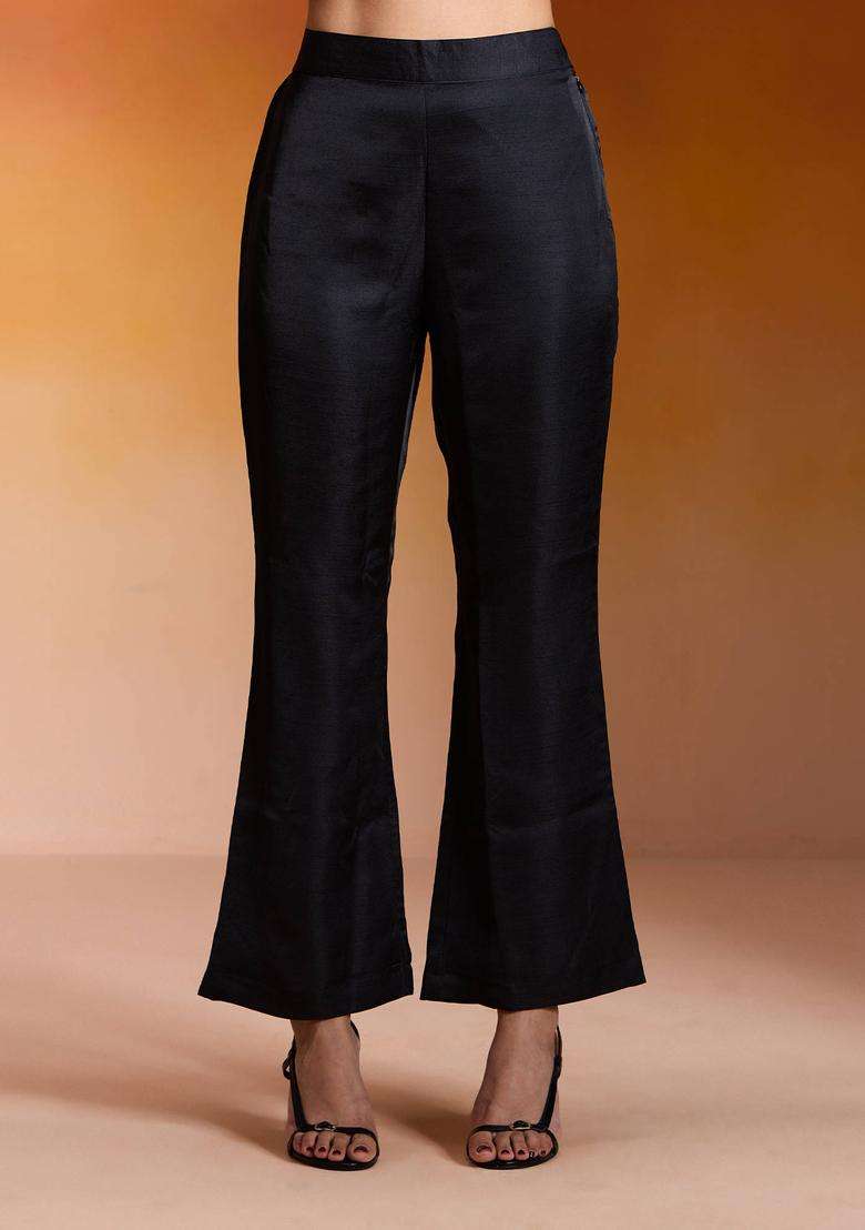Black Solid Straight Pant for Women Festive Wear - Indya