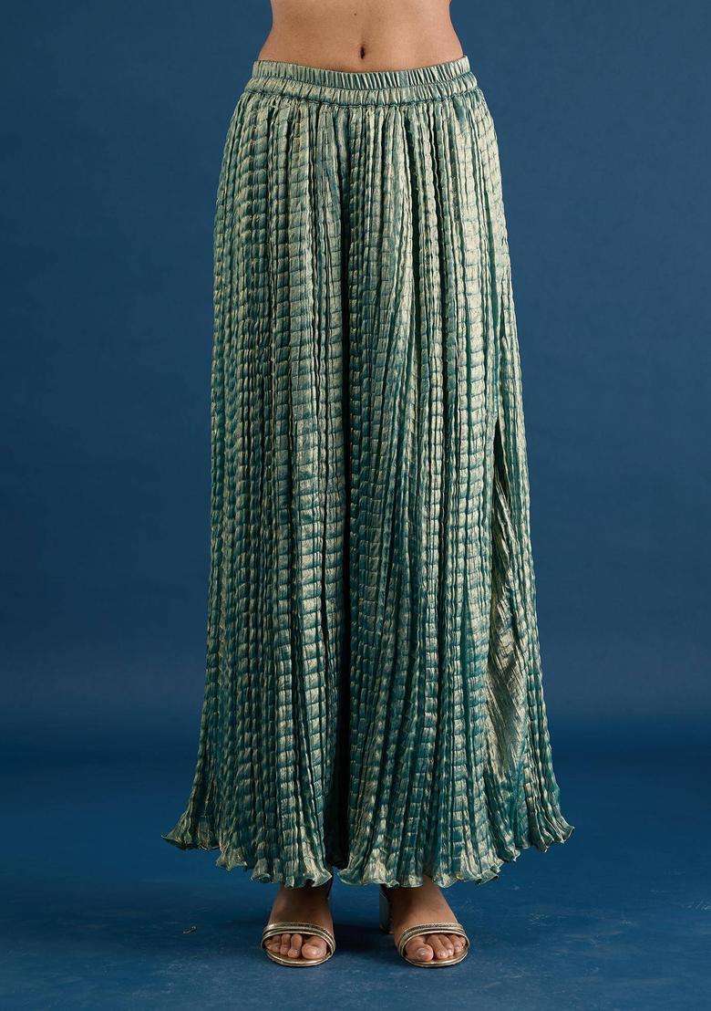 Teal Crush Tissue Palazzo for Women Festive Wear - Indya