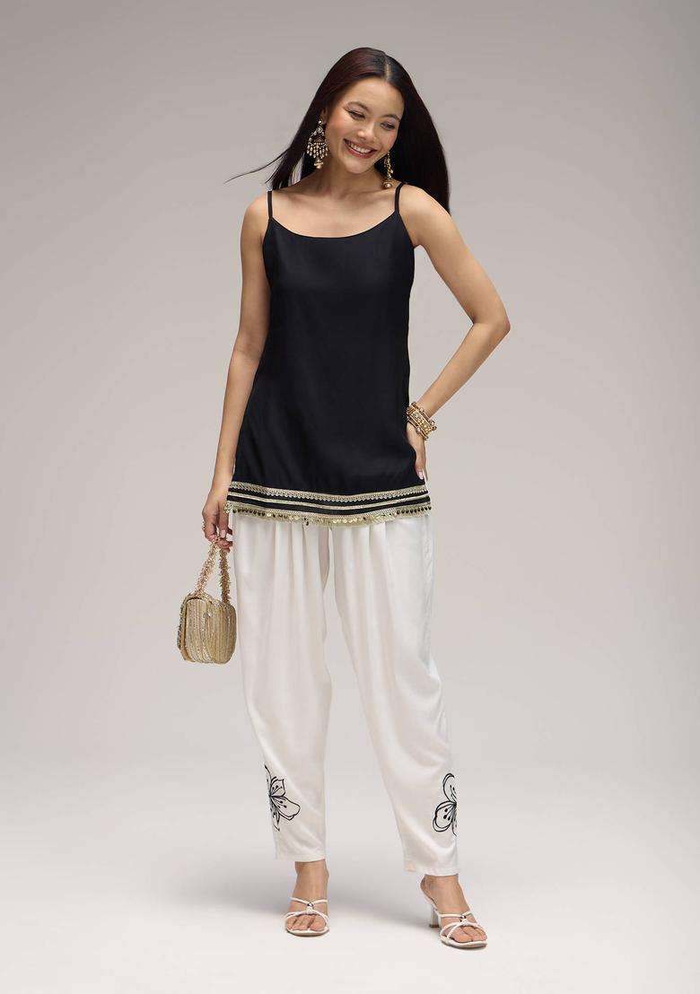White Rayon Embroidered Salwar for Women Fusion Wear - Indya
