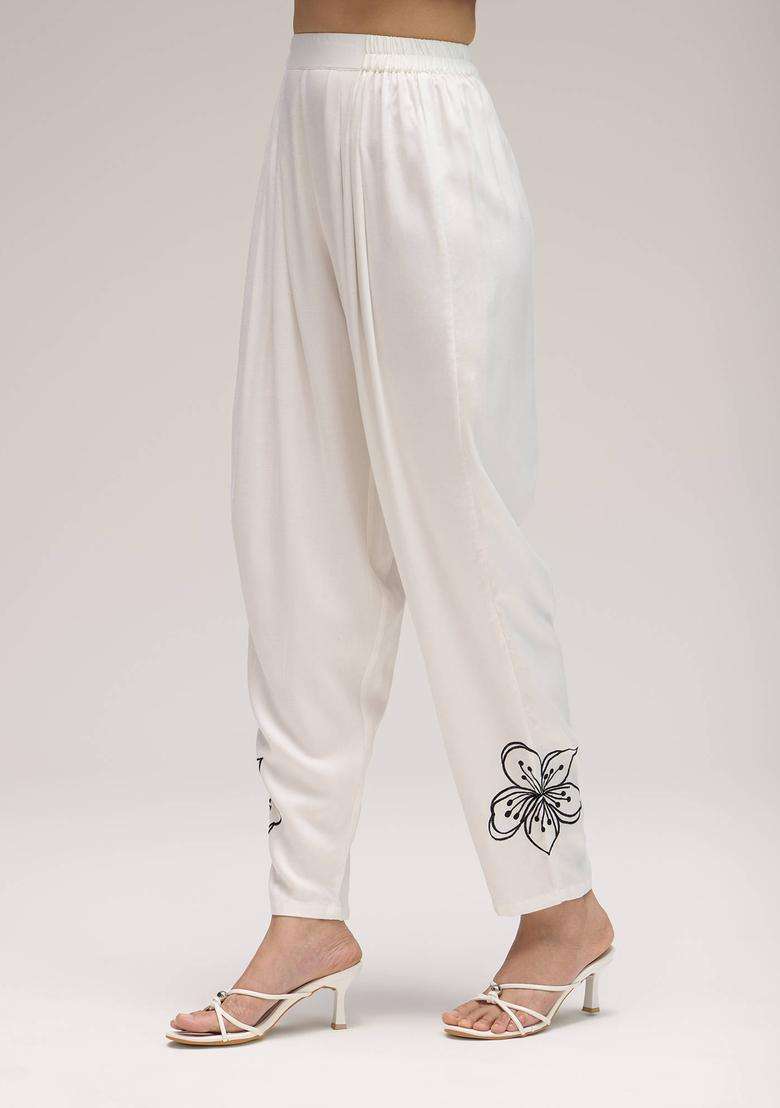 White Rayon Embroidered Salwar for Women Fusion Wear - Indya