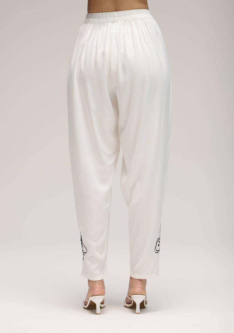 White Rayon Embroidered Salwar for Women Fusion Wear - Indya