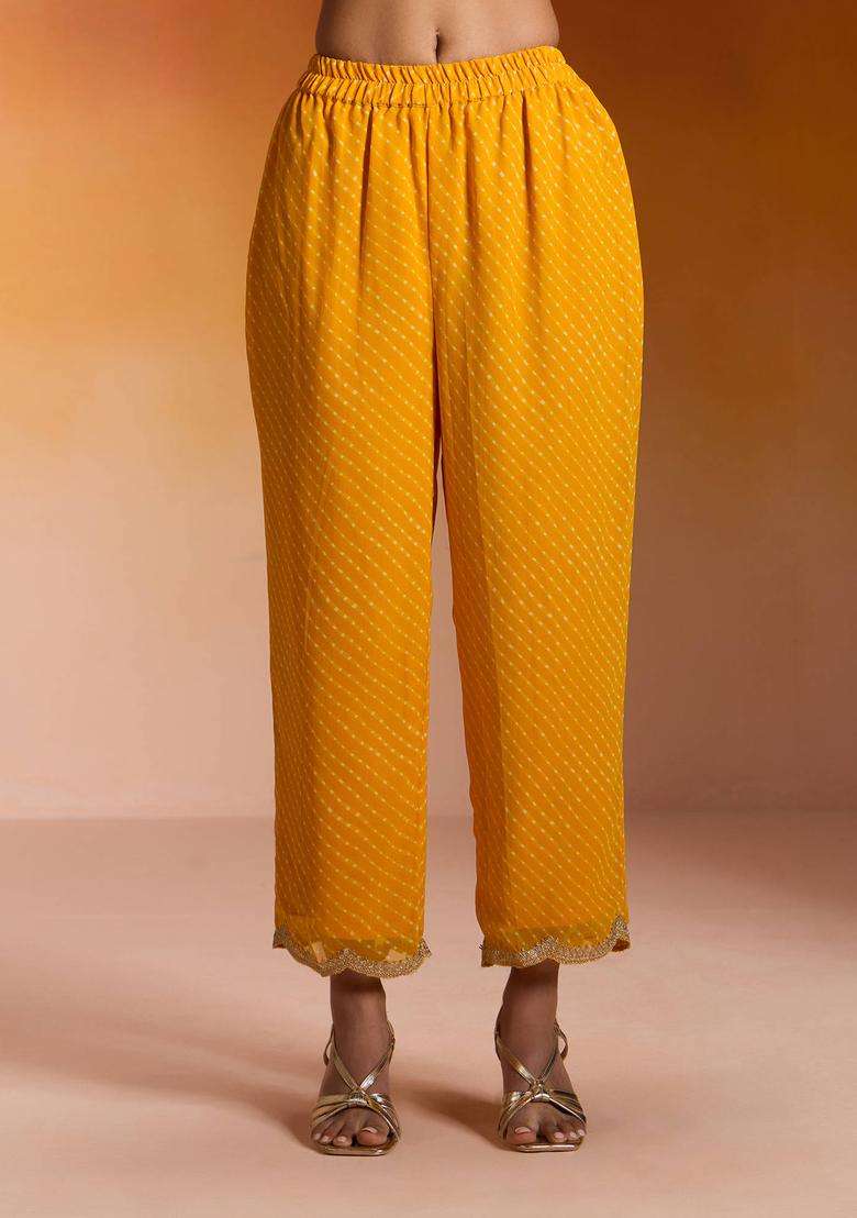 Yellow Georgette Leheriya Printed and Embellished Semi Salwar for Women Festive Wear - Indya