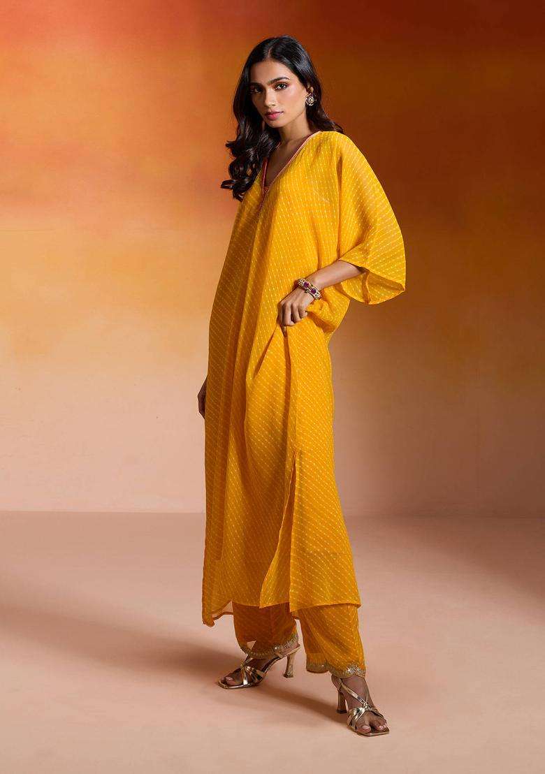 Yellow Georgette Leheriya Printed and Embellished Semi Salwar for Women Festive Wear - Indya