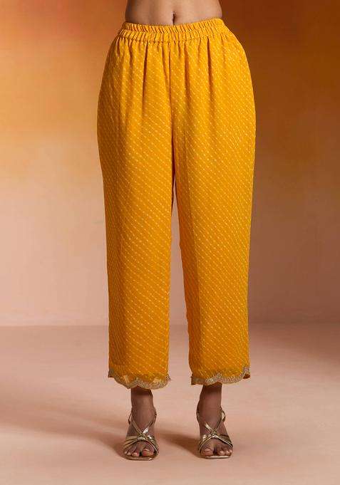 Yellow Georgette Leheriya Printed and Embellished Semi Salwar for Women Festive Wear