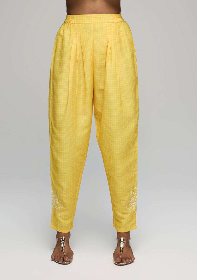 Yellow Poly Silk Salwar with Floral Embroidery for Women Fusion Wear - Indya