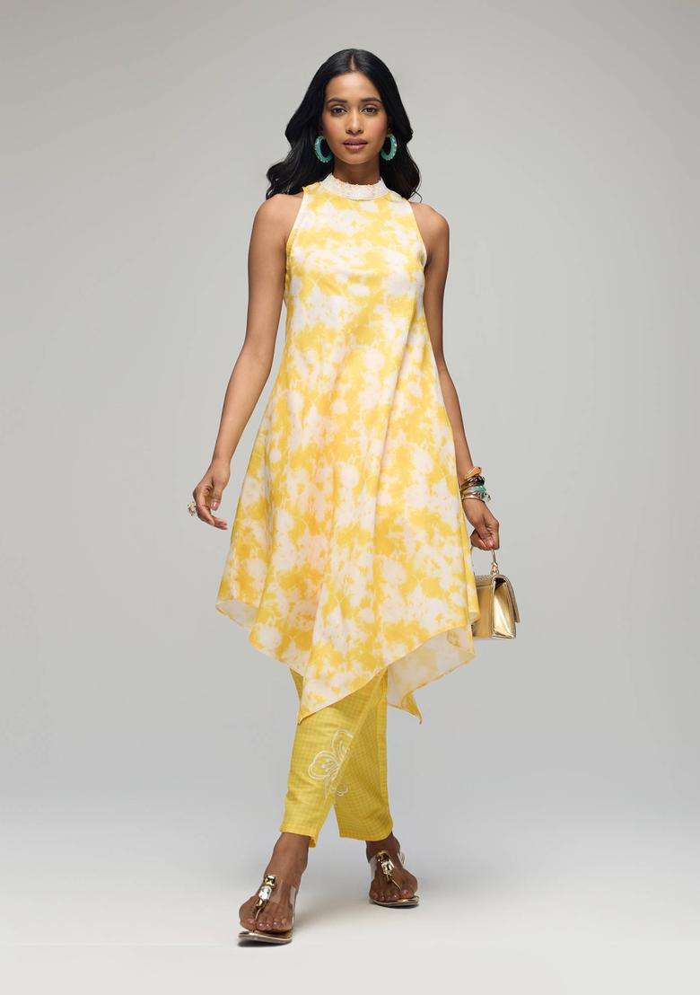 Yellow Poly Silk Salwar with Floral Embroidery for Women Fusion Wear - Indya