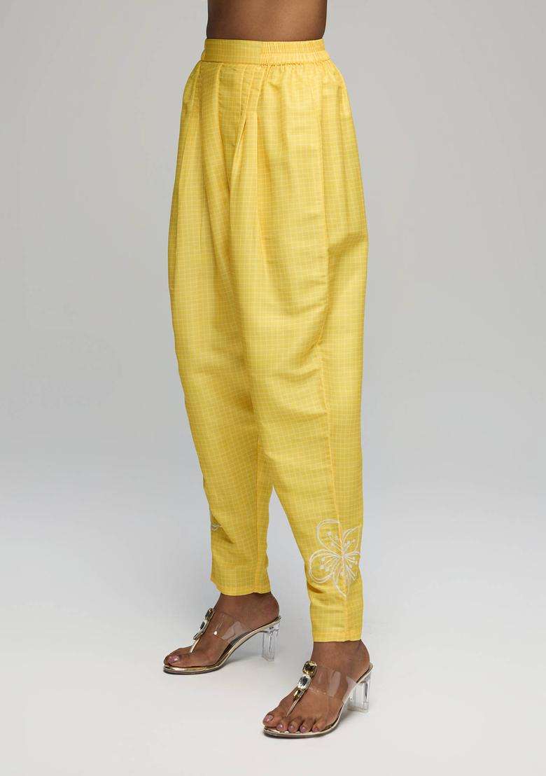 Yellow Poly Silk Salwar with Floral Embroidery for Women Fusion Wear - Indya