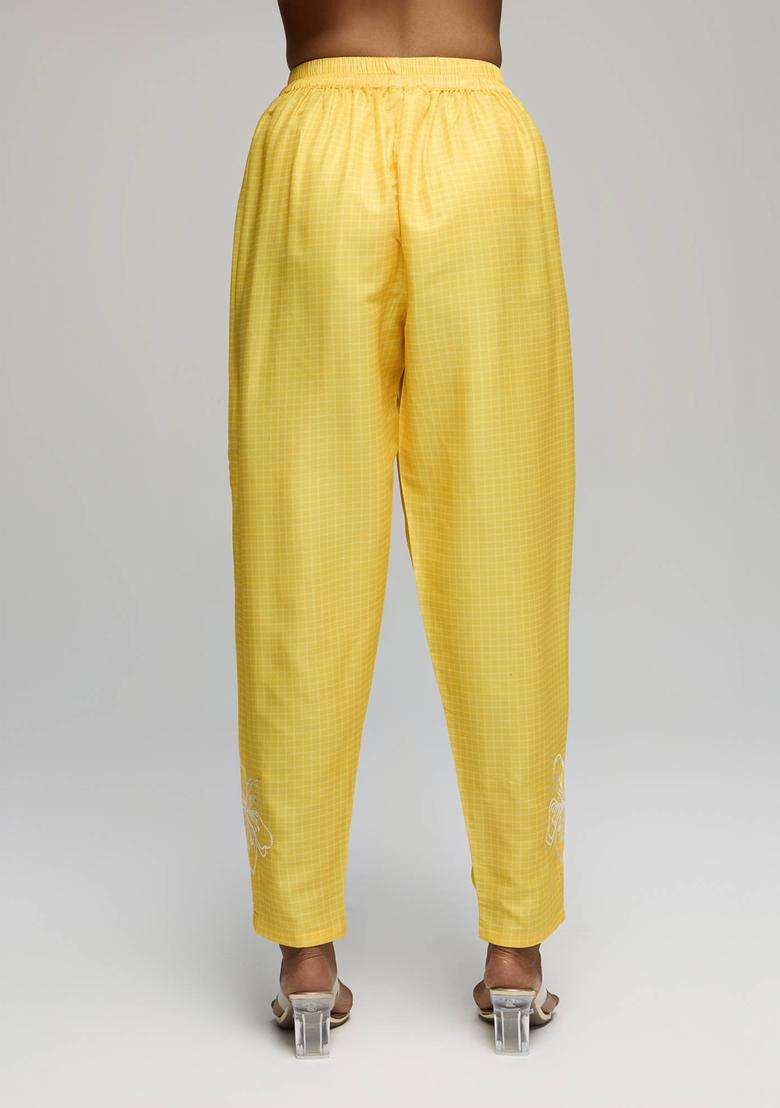 Yellow Poly Silk Salwar with Floral Embroidery for Women Fusion Wear - Indya