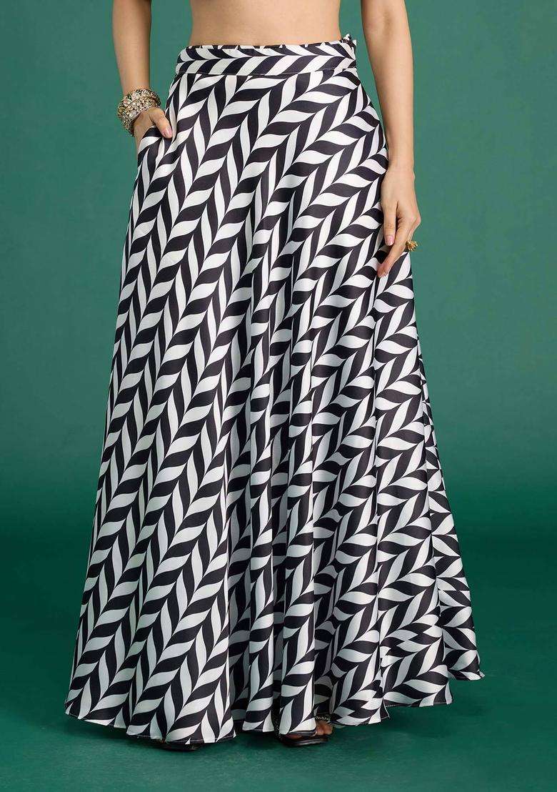 Black and White Satin Chevron Skirt for Women Casual Wear - Indya