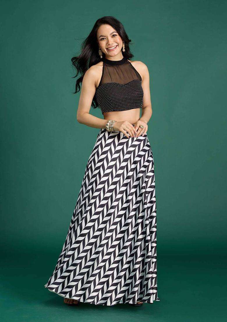 Black and White Satin Chevron Skirt for Women Casual Wear - Indya