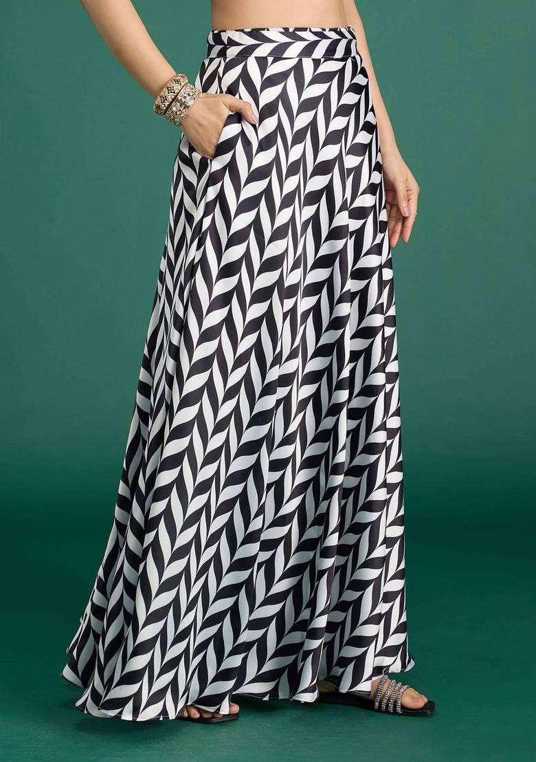 Black and White Satin Chevron Skirt for Women Casual Wear - Indya