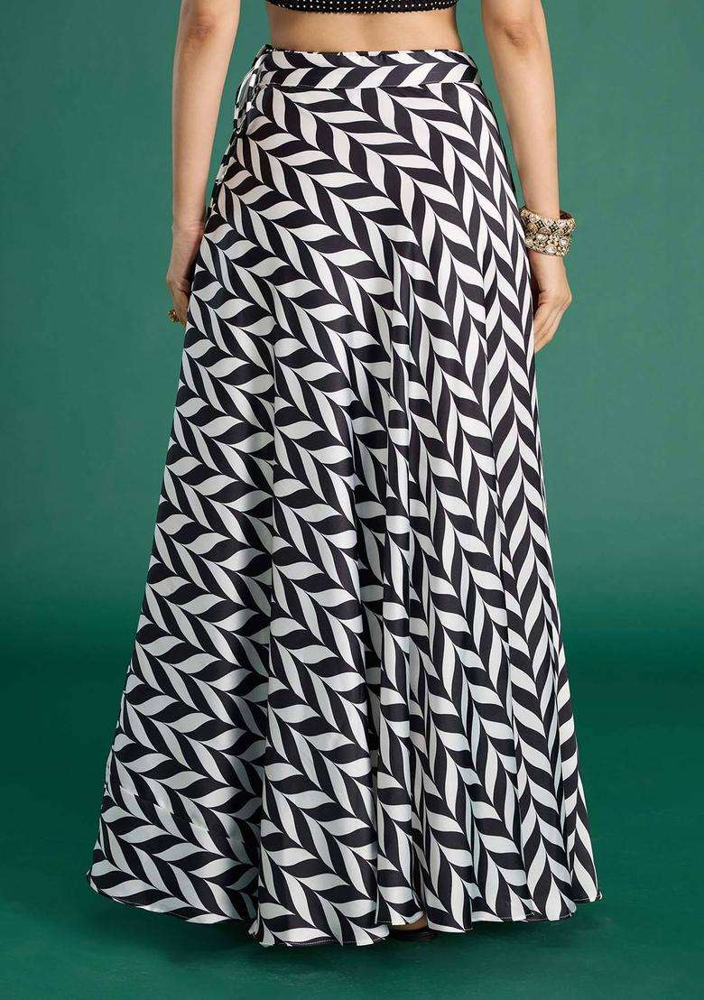 Black and White Satin Chevron Skirt for Women Casual Wear - Indya