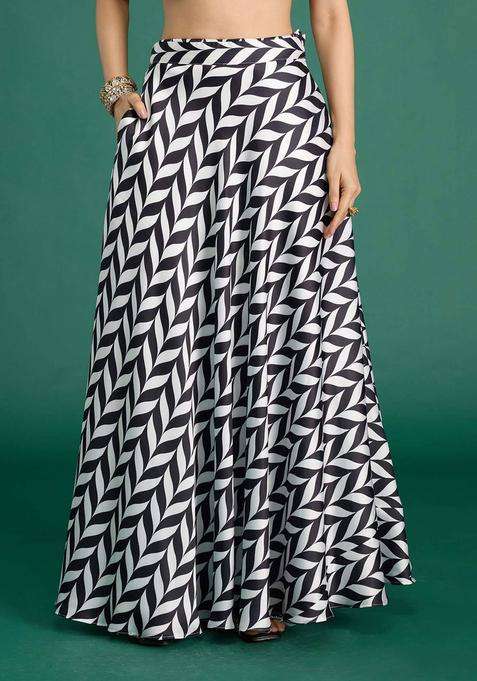 Black and White Satin Chevron Skirt for Women Casual Wear