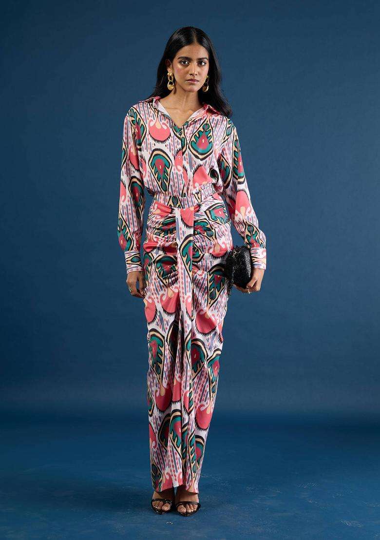 Coral Crepe Ikat Print Drape Skirt for Women Party Wear - Indya