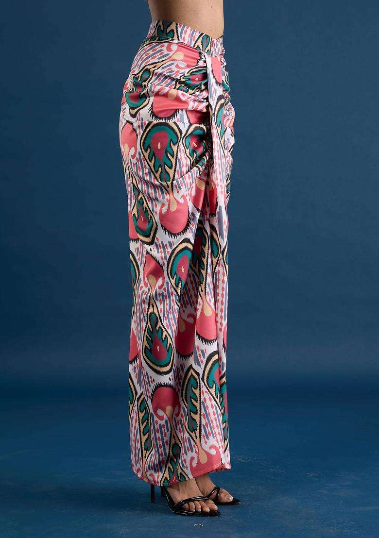 Coral Crepe Ikat Print Drape Skirt for Women Party Wear - Indya