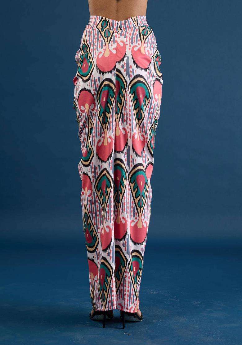 Coral Crepe Ikat Print Drape Skirt for Women Party Wear - Indya