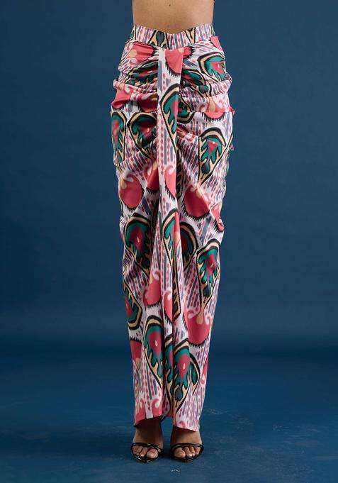 Coral Crepe Ikat Print Drape Skirt for Women Party Wear