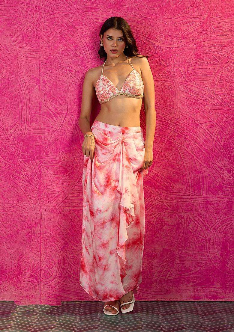 Pink Modal Shibori Printed Drape Skirt for Women Festive Wear - Indya