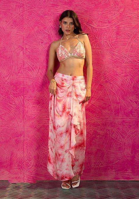 Pink Modal Shibori Printed Drape Skirt for Women Festive Wear