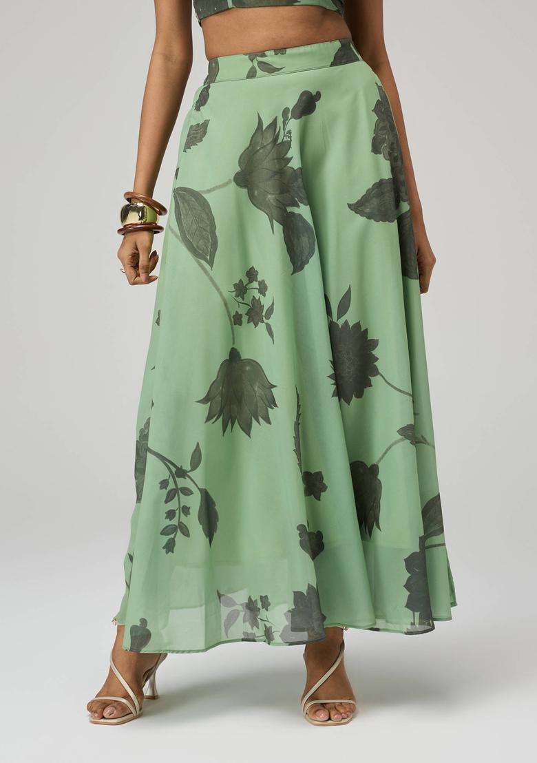 Olive Georgette Floral Print Bias Skirt for Women Festive Wear - Indya