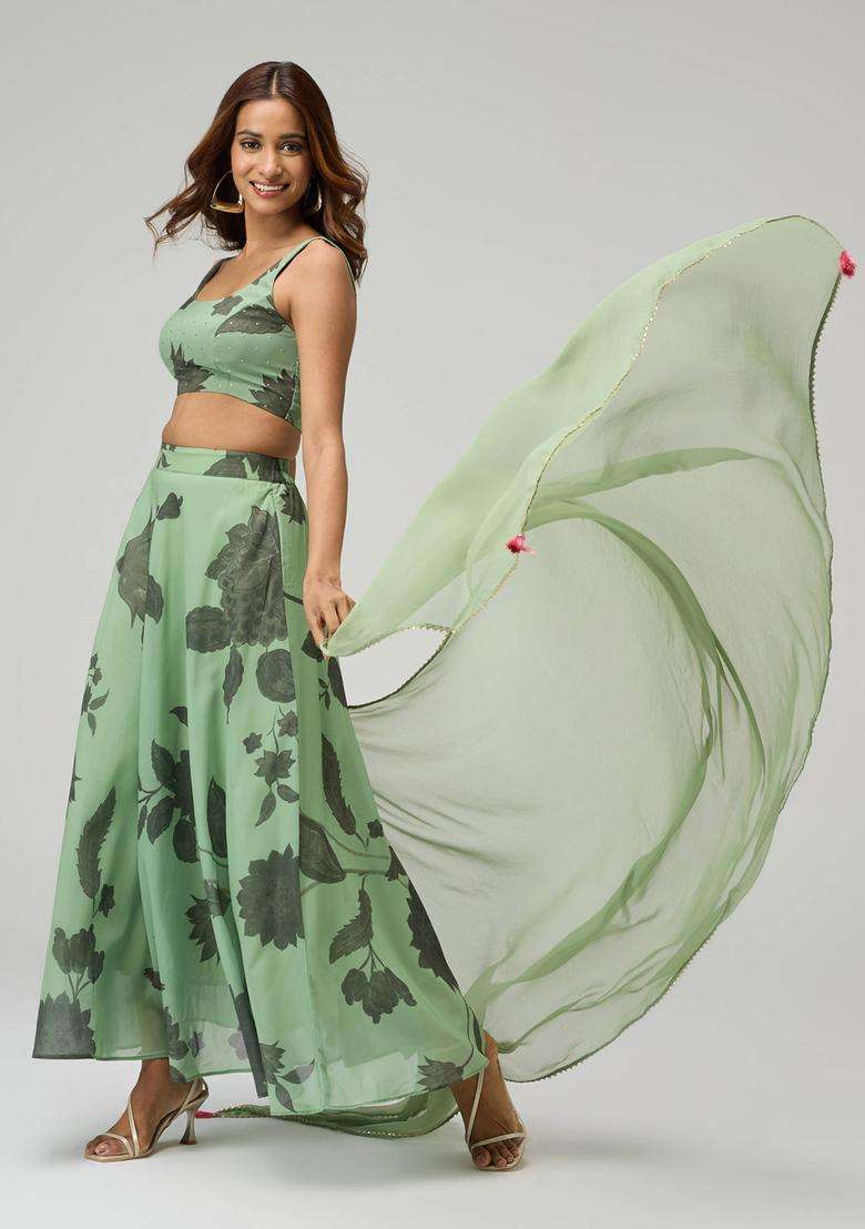 Olive Georgette Floral Print Bias Skirt for Women Festive Wear - Indya